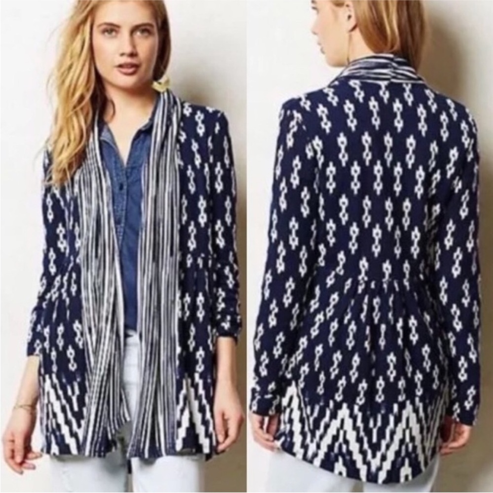 Anthropologie One September Open Draped Cardigan Blue Ikat Boho Women’s Sz Small
